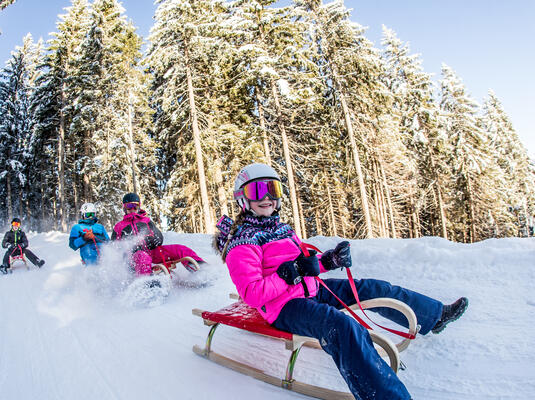 Kinder fahren auf Schlitten die Rodelbahn am Spieljoch hinunter, umgeben von Tannenbäumen. Einige tragen bunte Winterkleidung und Helme, während sie Spaß im Schnee haben. Sonnenschein reflektiert auf der glitzernden Schneedecke.