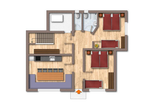 Grundriss des Erdgeschosses vom Ferienhauses Zeller mit zwei Schlafzimmern, Wohnzimmer, Küche und Bad. 