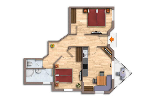 Grundriss der Ferienwohnung Markus mit zwei Schlafzimmern, Badezimmer, Küche und Wohnzimmer.