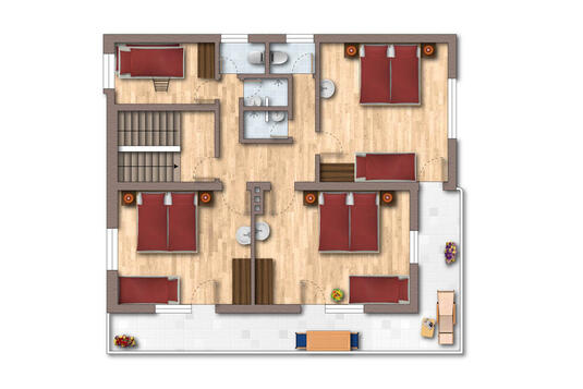 Grundriss Obergeschoss vom Ferienhaus Zeller mit vier Schlafzimmern, Küche, Wohnzimmer und Badezimmer. Holzböden und moderne Möbel.