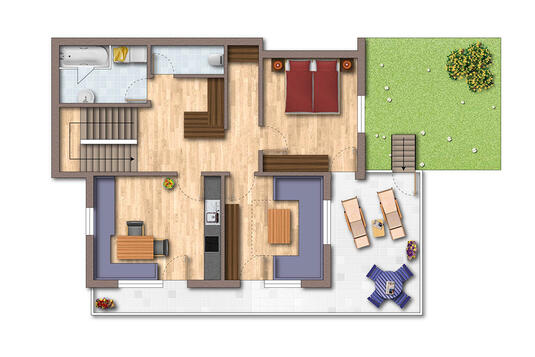 Grundriss des Ferienhauses Zeller am Stummerberg mit Wohnzimmer, Schlafzimmer, Küche, Bad und Gartenbereich.