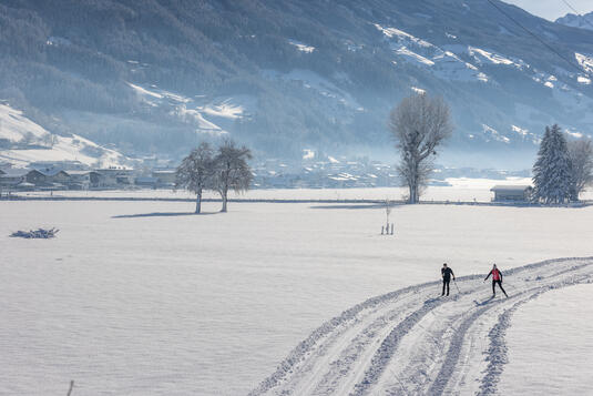 Zwei Personen, die im Zillertal auf einer Langlaufstrecke langlaufen umgeben von Schnee an einem sonnigen Wintertag