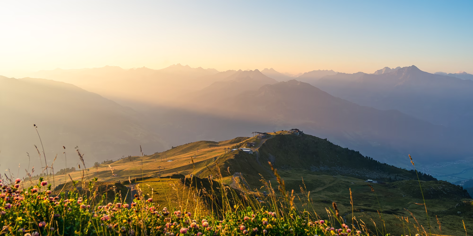 Eine malerische Berglandschaft bei Sonnenaufgang am Kaltenbacher Wetterkreuz. Sanfte Hügel mit blühenden Pflanzen im Vordergrund, im Hintergrund erstrecken sich die Berge im Morgenlicht. 