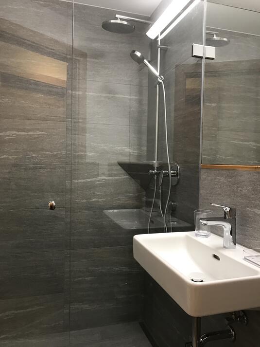 Moderne Dusche mit Glasabtrennung und Waschbecken in einem Badezimmer.